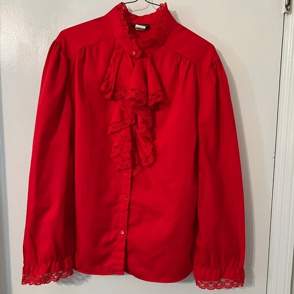 Rio Too Women Red Ruffle Long Sleeve Button Down Shirt *see description* - Picture 2 of 7